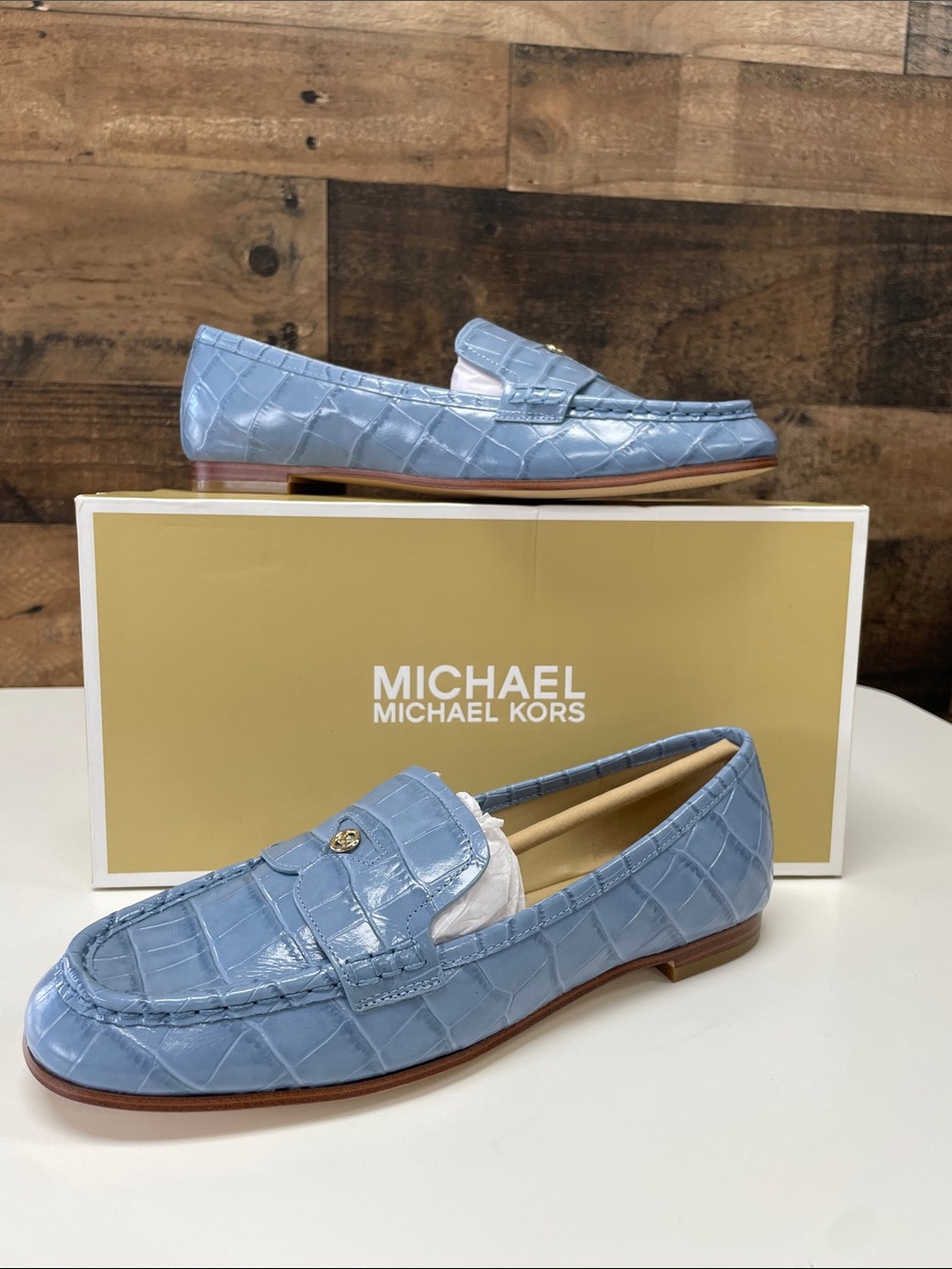 Michael Kors Light Blue Croc-Embossed Leather Penny Loafers